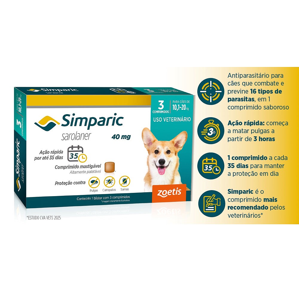 Antipulgas e Carrapatos Simparic 40 mg para Cães de 10,1kg - 20kg 