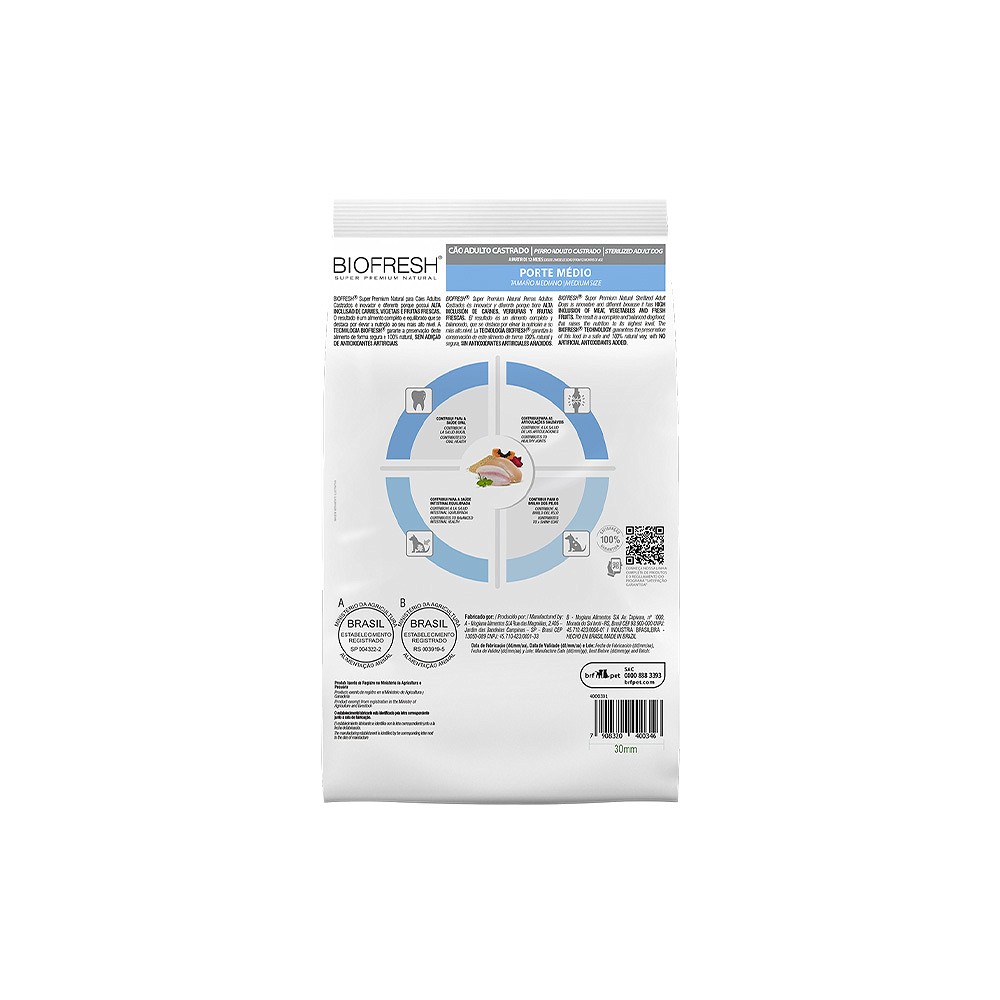 Ração Biofresh para Cães Adultos Castrados de Porte Médio.
