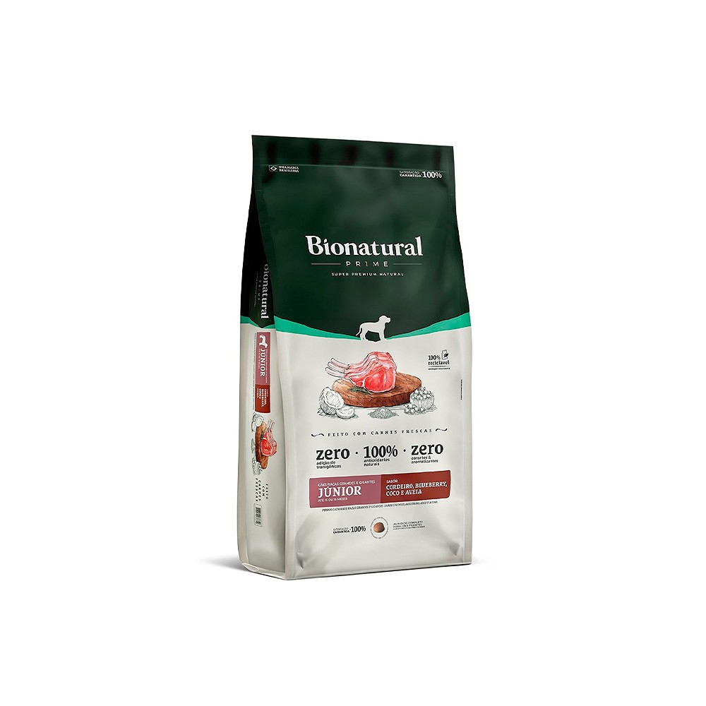 Ração Bionatural Prime para Cães Filhotes de Raças Grandes e Gigantes Sabor Cordeiro, Blueberry, Coco e Aveia
