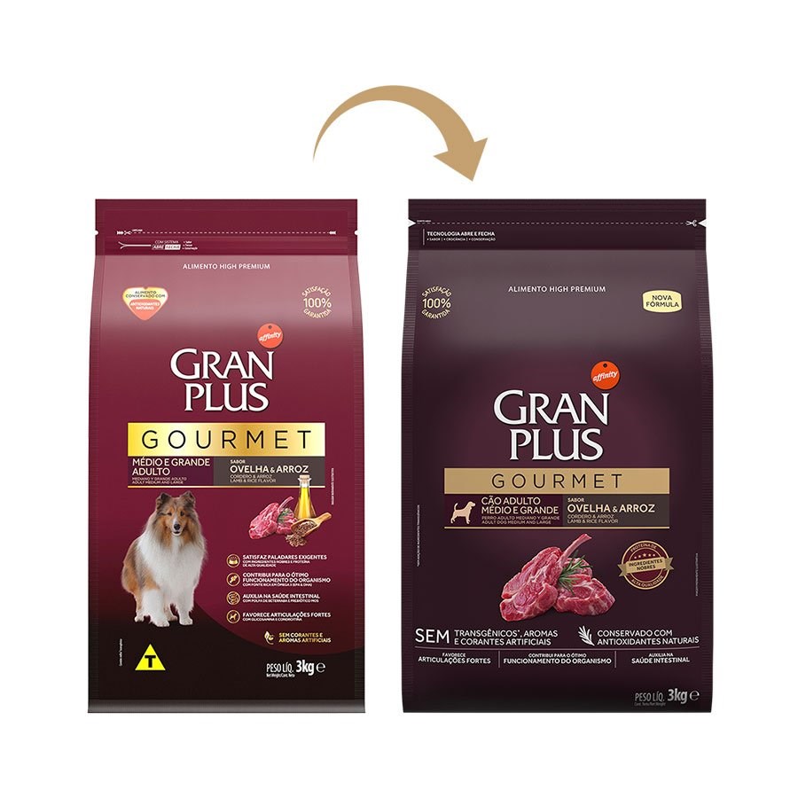 Ração Granplus Gourmet para Cães Adultos Porte Médio e Grande sabor Ovelha e Arroz