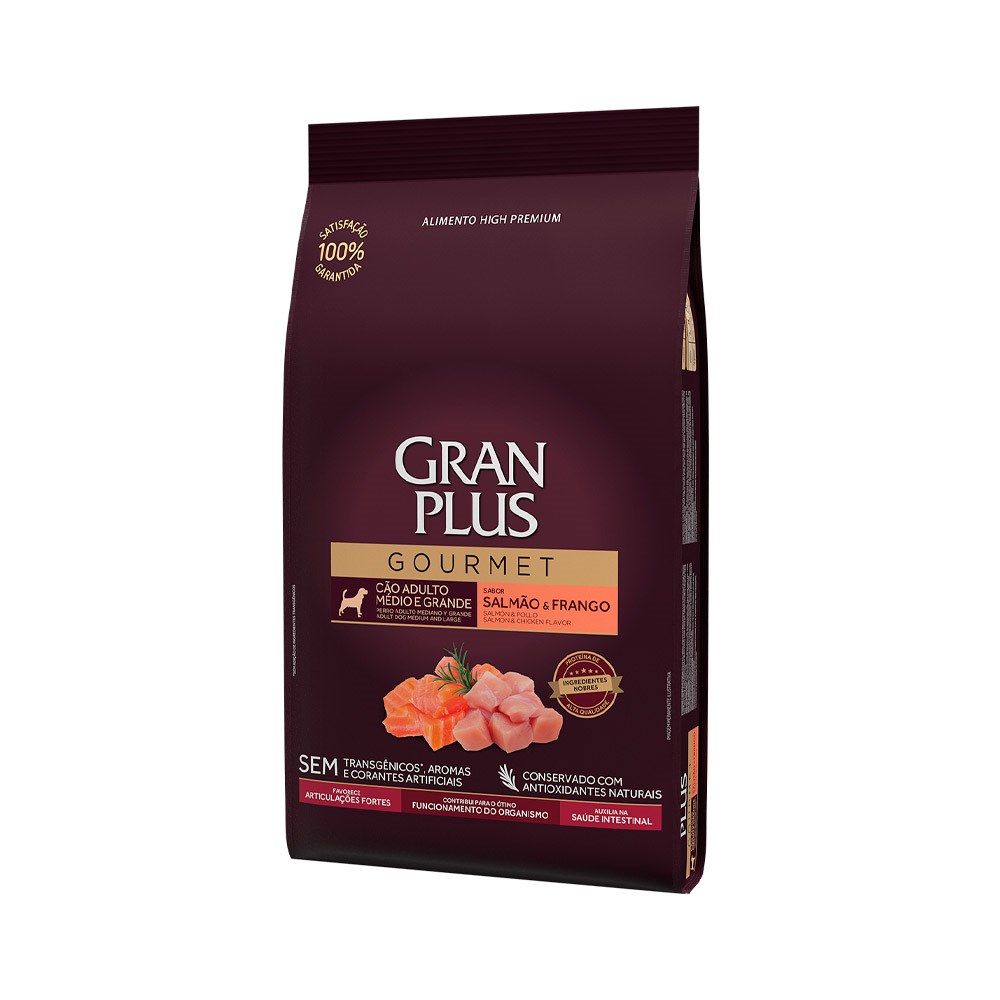 Ração Granplus Gourmet para Cães Adultos Raças Médias e Grandes sabor Salmão e Frango