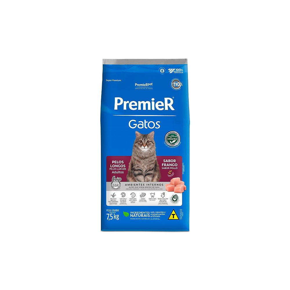 Ração Premier Gatos Adultos de Pelos Longos sabor Frango