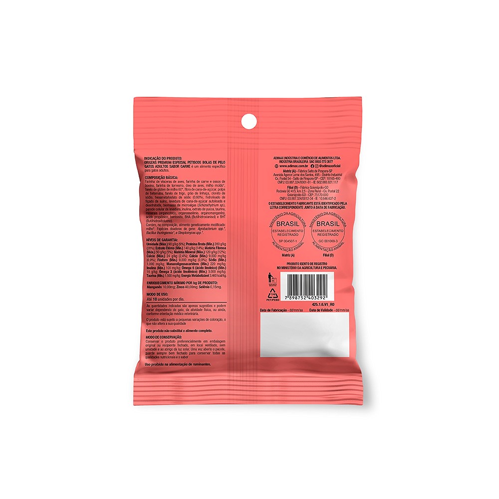 Snack Origens Bola de Pelos para Gatos Adultos sabor Carne