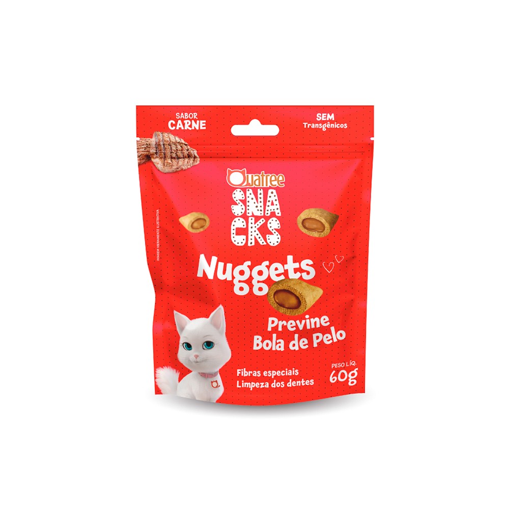 Snack Quatree Nuggets Previne Bolas de Pelos Sabor Carne para Gatos Adultos