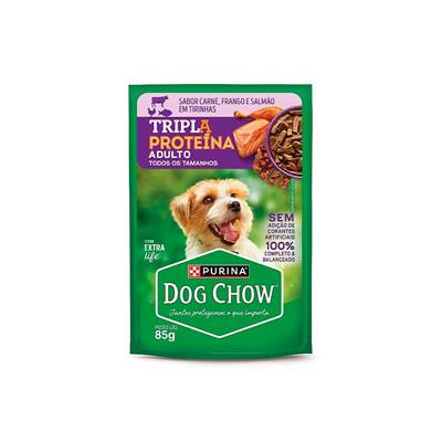 Ração Úmida Dog Chow Tripla Proteína sabor Carne, Frango e Salmão em Tirinhas para Cães Adultos