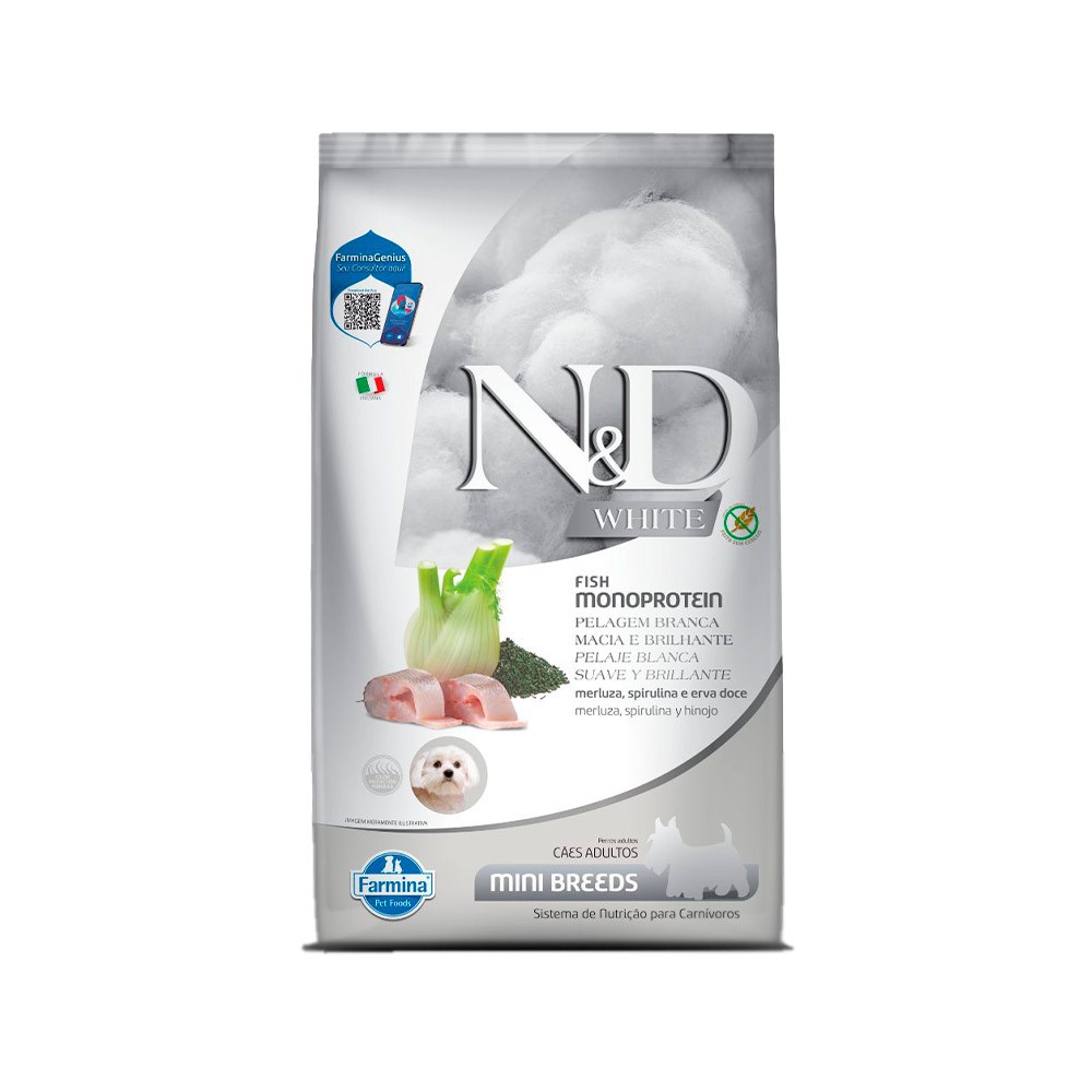 Ração Farmina N&D White para Cães Adultos de Porte Mini Sabor Merluza, Spirulina e Erva Doce