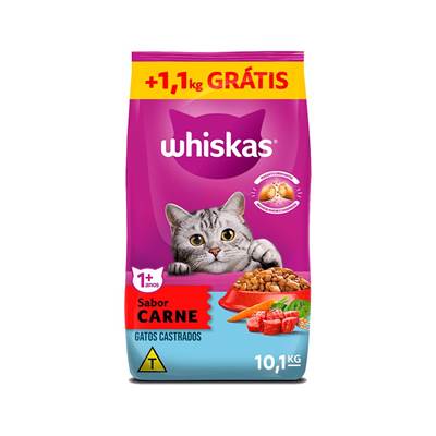 Ração Whiskas para Gatos Adultos Castrados Sabor Carne 9kg + 1,1kg