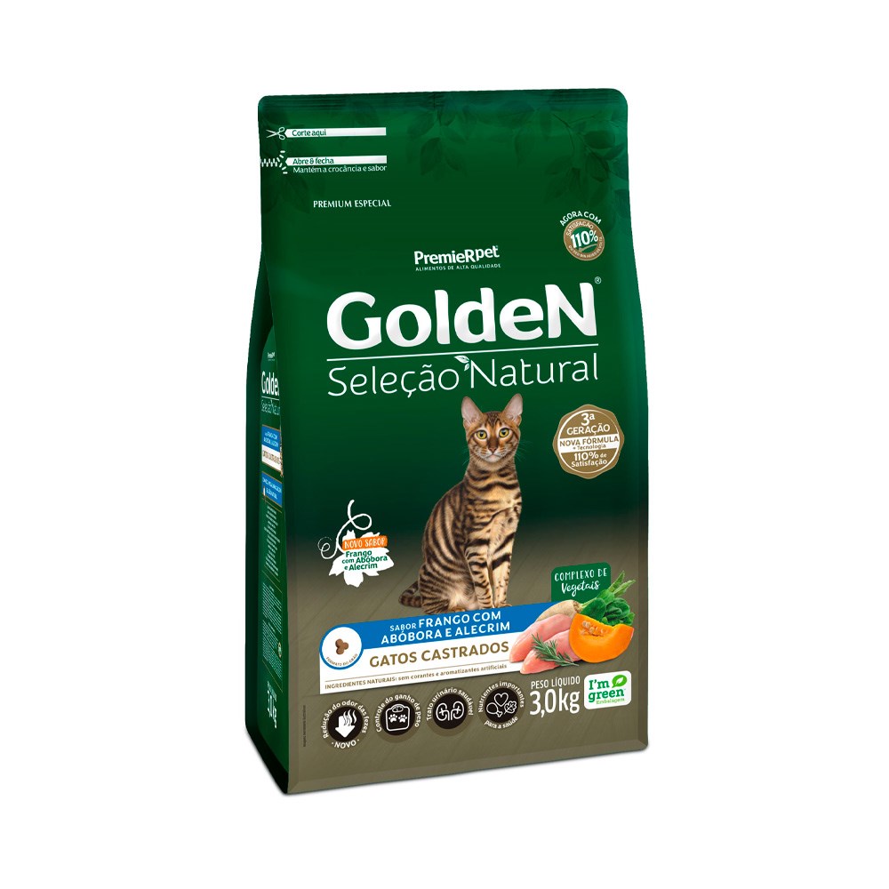 Ração Golden Seleção Natural para Gatos Adultos Castrados sabor Frango, Abóbora e Alecrim