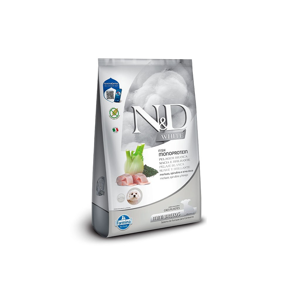 Ração N&D White para Cães Filhotes de Raças Mini e Pequenas Sabor Merluza, Spirulina e Erva Doce