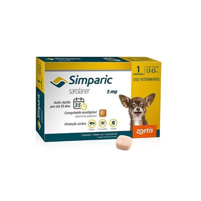 Antipulgas e Carrapatos Simparic 5 mg para Cães entre 1,3kg - 2,5kg