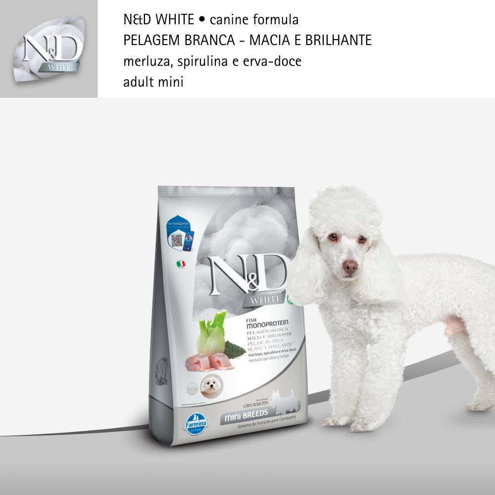 Ração Farmina N&D White para Cães Adultos de Porte Mini Sabor Merluza, Spirulina e Erva Doce