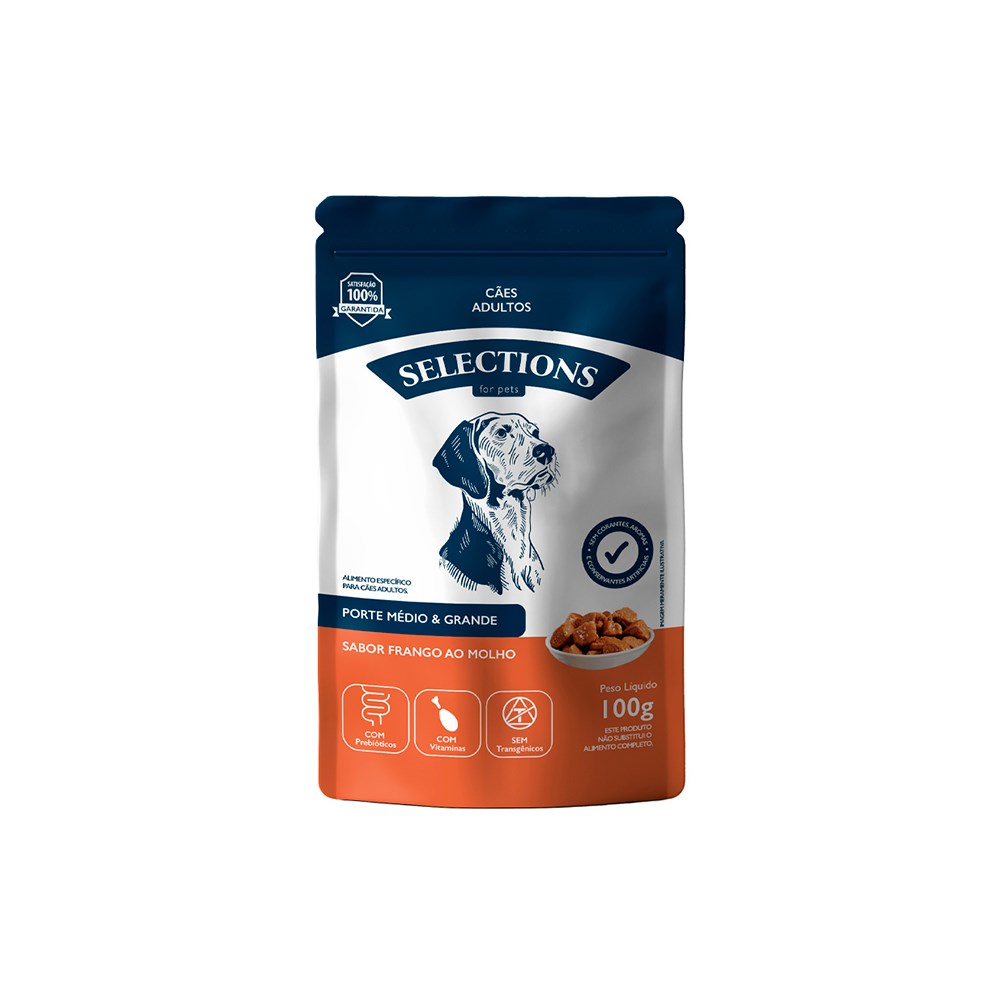 Ração Úmida Selections For Pets para Cães Adultos de Porte Médio e Grande Sabor Frango ao Molho