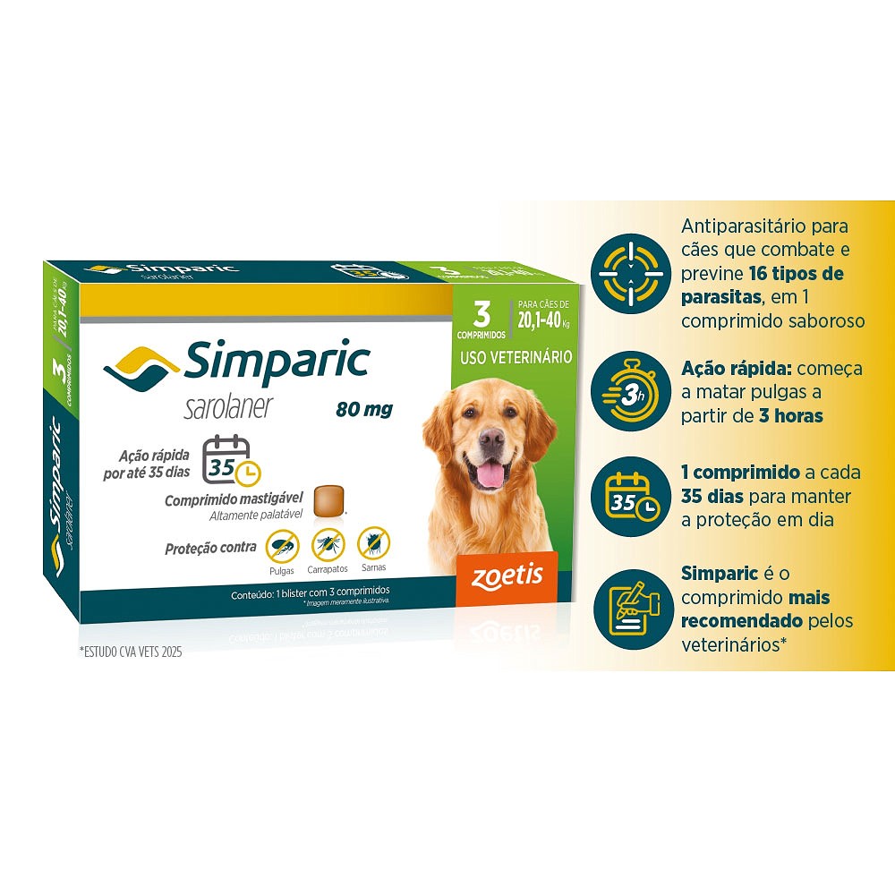 Antipulgas e Carrapatos Simparic 80 mg para Cães de 20,1kg - 40kg 