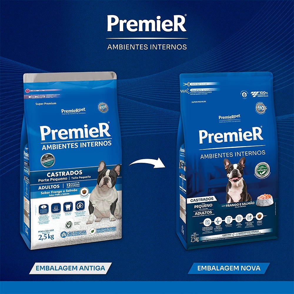 Ração Premier Ambientes Internos para Cães Adultos Castrados Raças Pequenas sabor Frango & Salmão