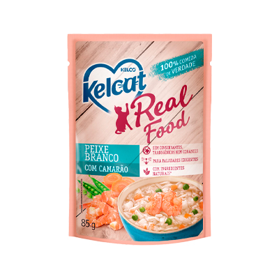 Ração Úmida Kelcat Real Food para Gatos sabor Peixe Branco com Camarão 85g