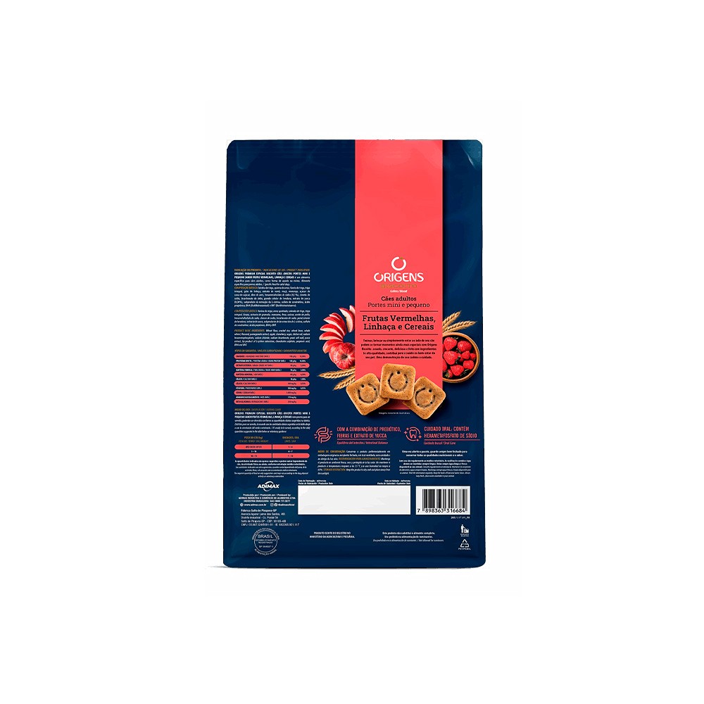 Biscoito Origens para Cães Adultos de Porte Mini e Pequeno Sabor Frutas Vermelhas, Linhaça e Cereais