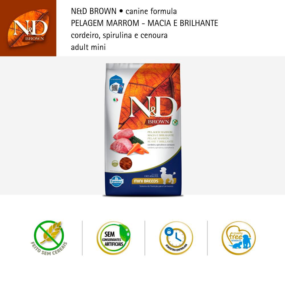Ração N&D Brown para Cães Adultos de Porte Mini sabor Cordeiro, Spirulina e Cenoura