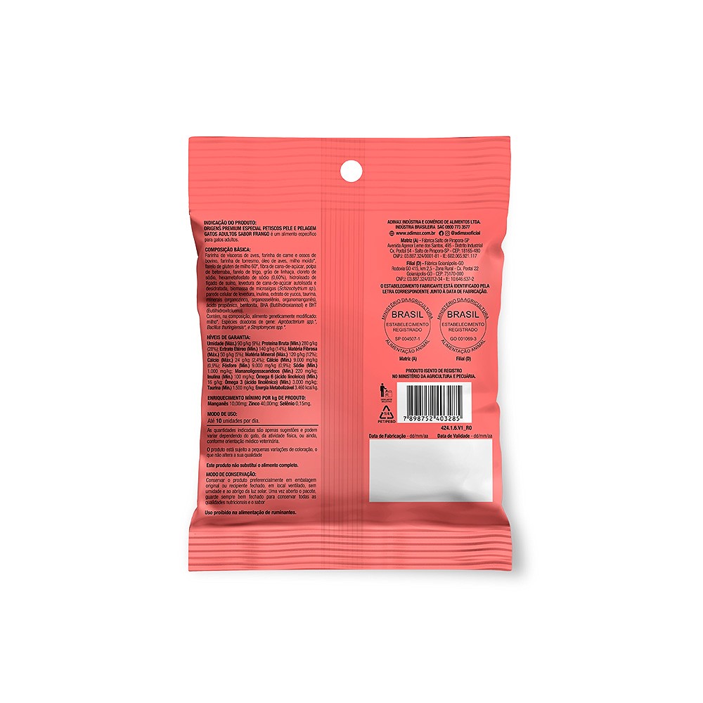 Snack Origens Pele e Pelagem para Gatos Adultos sabor Frango