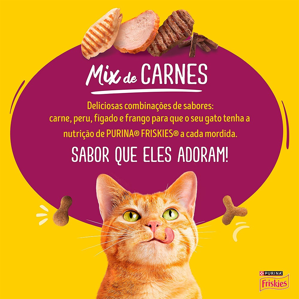 Ração Friskies Mix de Carne para Gatos Adultos Castrados sabor Carne, Peru, Fígado e Frango