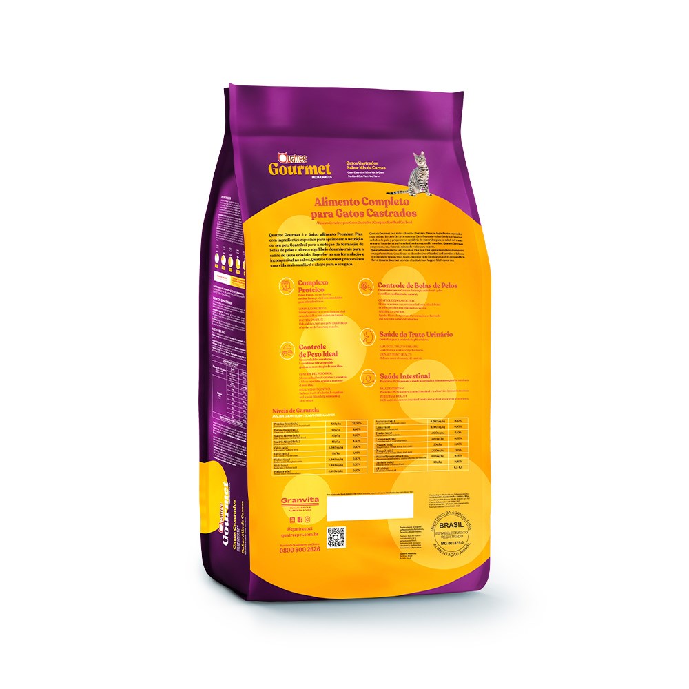 Ração Quatree Gourmet para Gatos Adultos Castrados Sabor Mix de Carnes