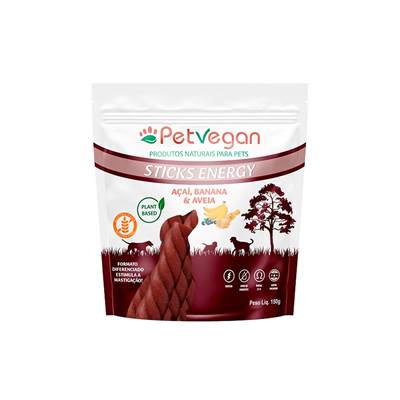 Snack PetVegan Sticks Energy para Cães Sabor Açaí, Banana e Aveia 150g