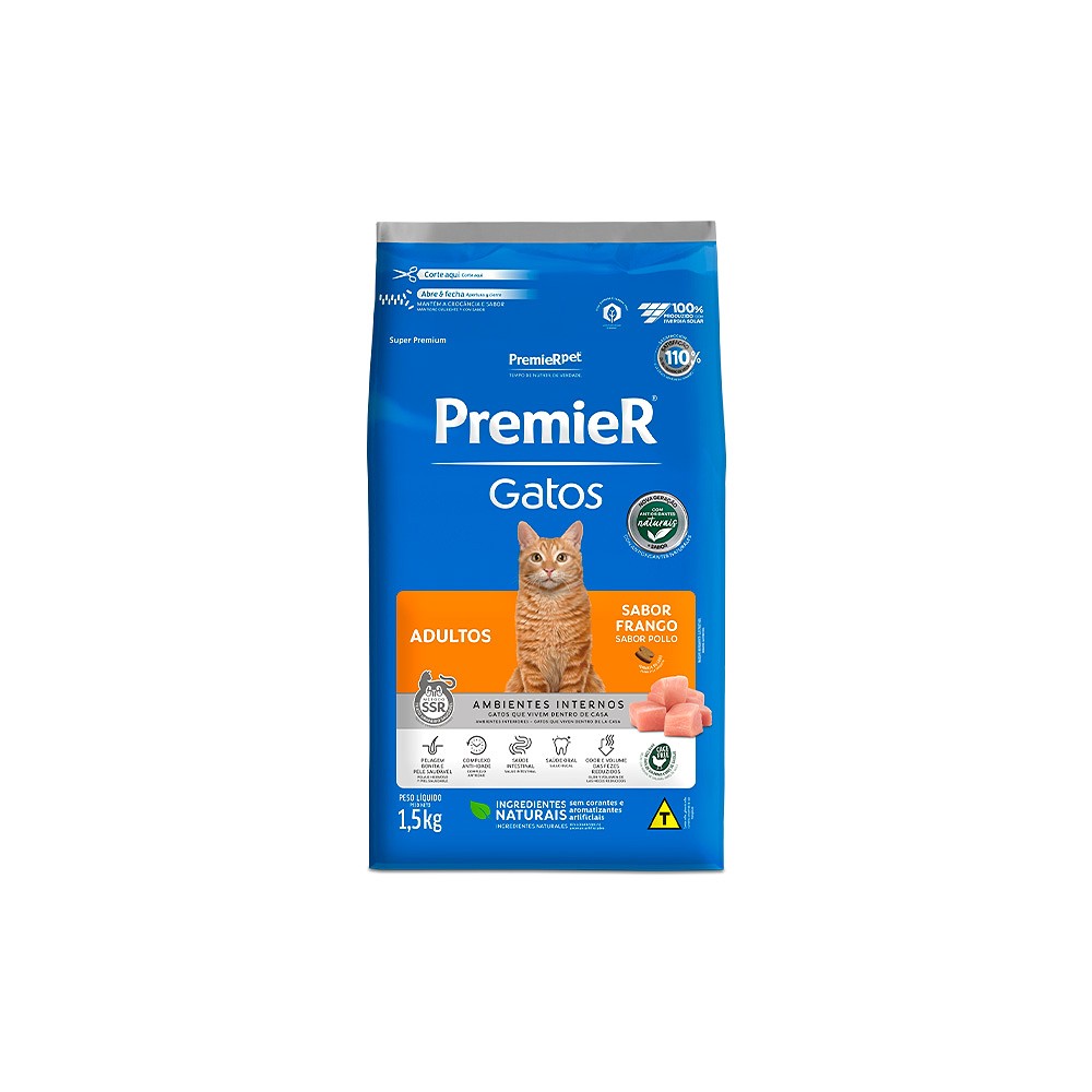 Ração Premier Ambientes Internos para Gatos Adultos sabor Frango