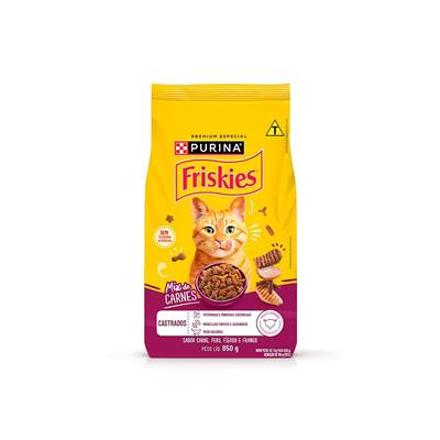 Ração Friskies Mix de Carne para Gatos Adultos Castrados sabor Carne, Peru, Fígado e Frango 850g