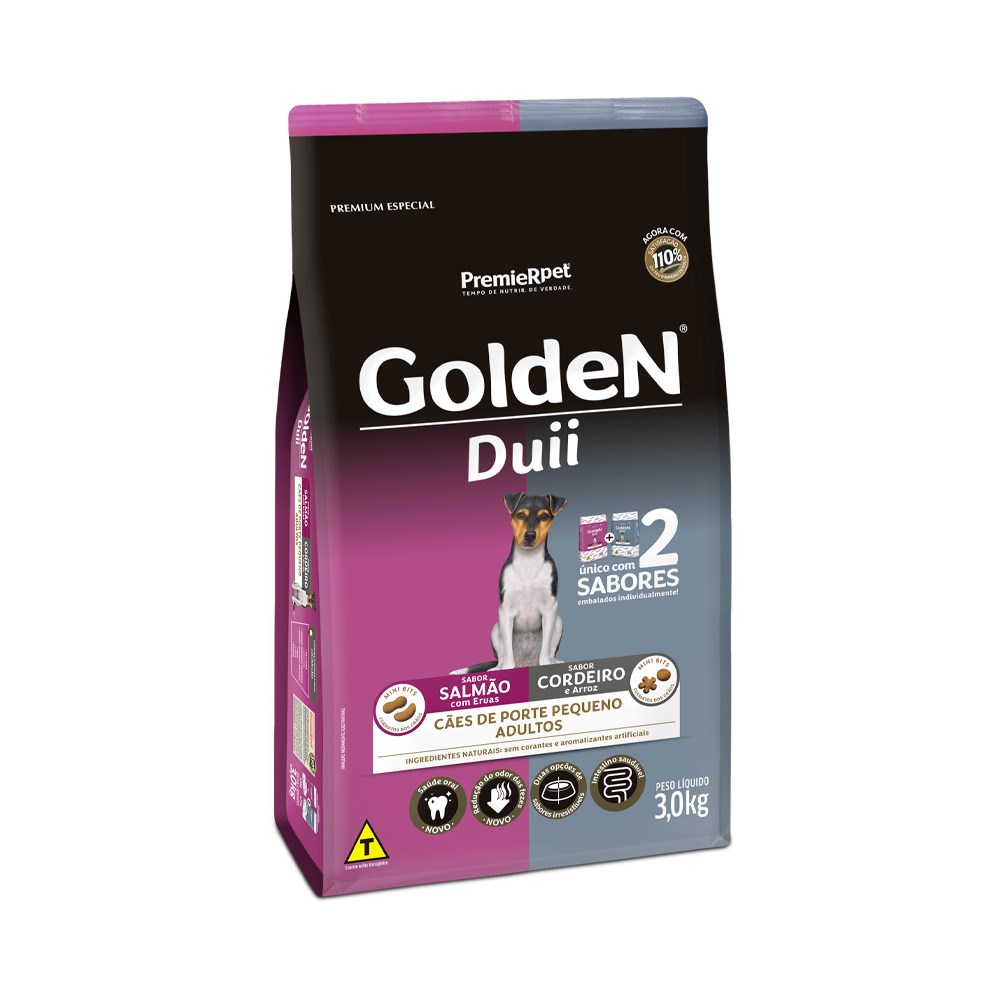 Ração Golden Duii Mini Bits para Cães Adultos sabor Salmão e Cordeiro