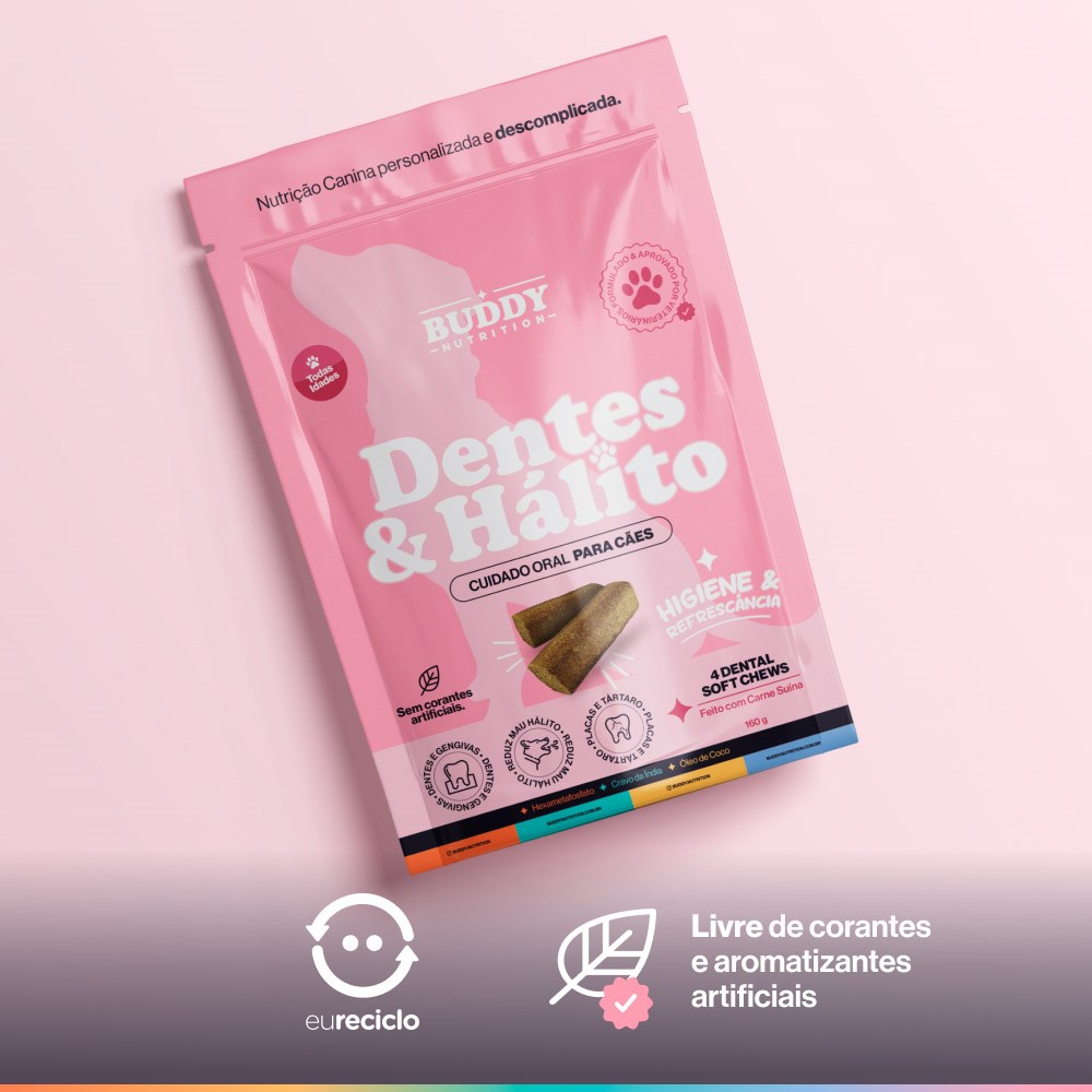 Snack Cuidado Oral Buddy Nutrition Dentes & Hálito Sabor Carne Suína para Cães