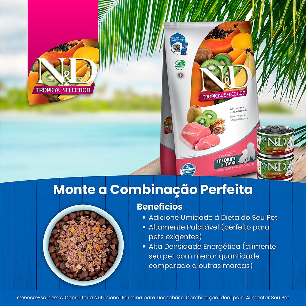 Ração Farmina N&D Tropical Selection para Cães Filhotes de Porte Médio e Grande Sabor Suíno, Cereais e Frutas Tropicais