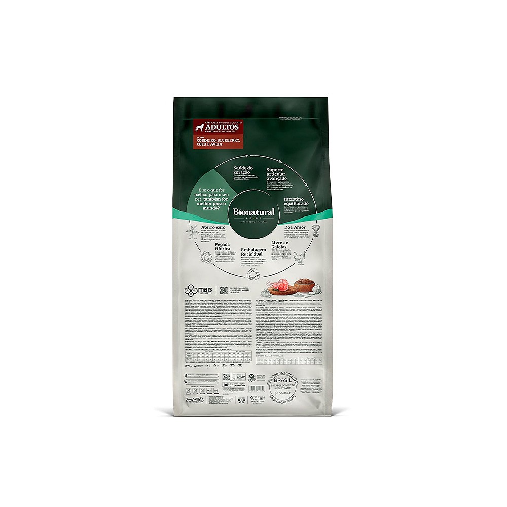 Ração Bionatural Prime para Cães Adultos de Raças Grandes e Gigantes Sabor Cordeiro, Blueberry, Coco e Aveia