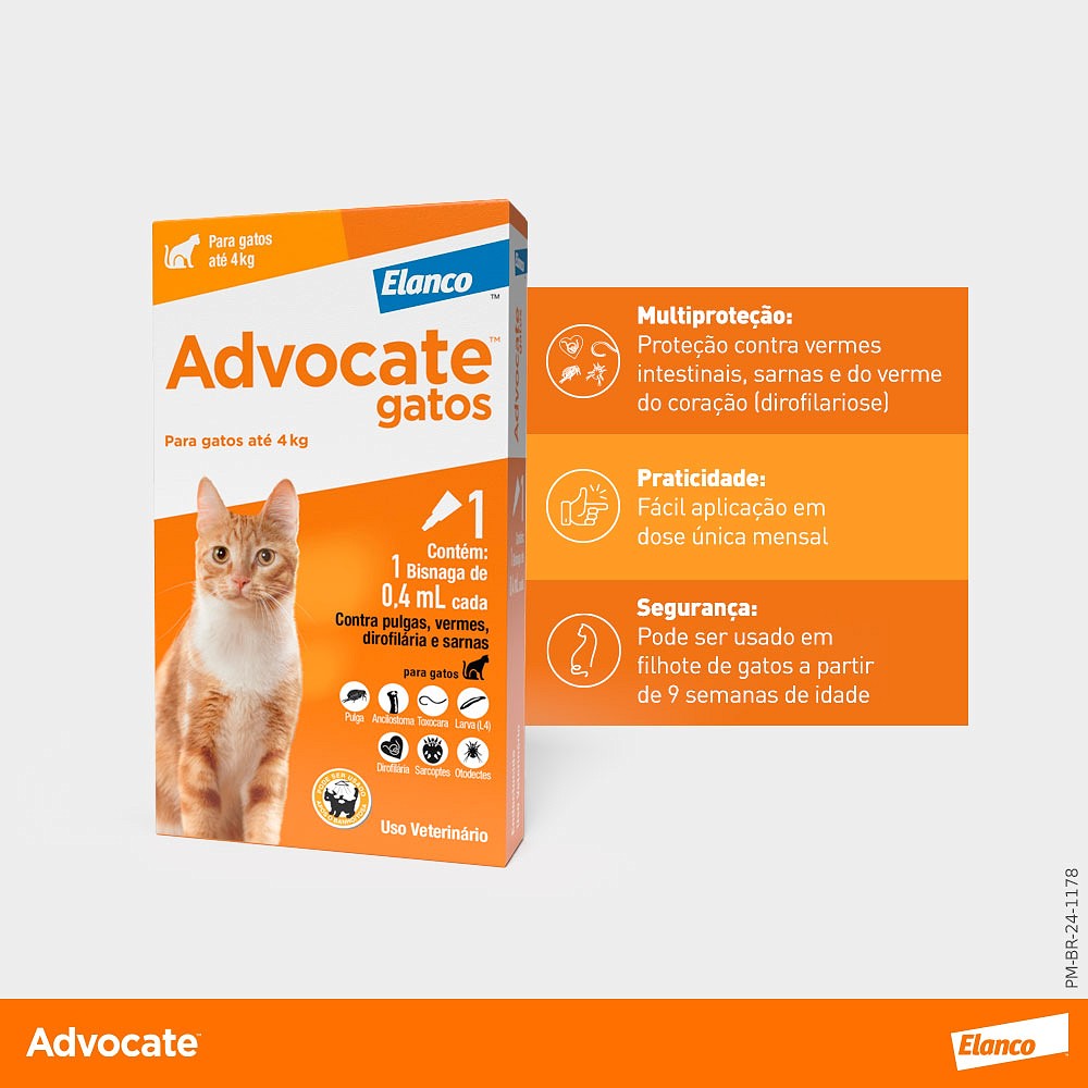 Antipulgas e Endectocida Advocate 0,4ml para Gatos até 4kg