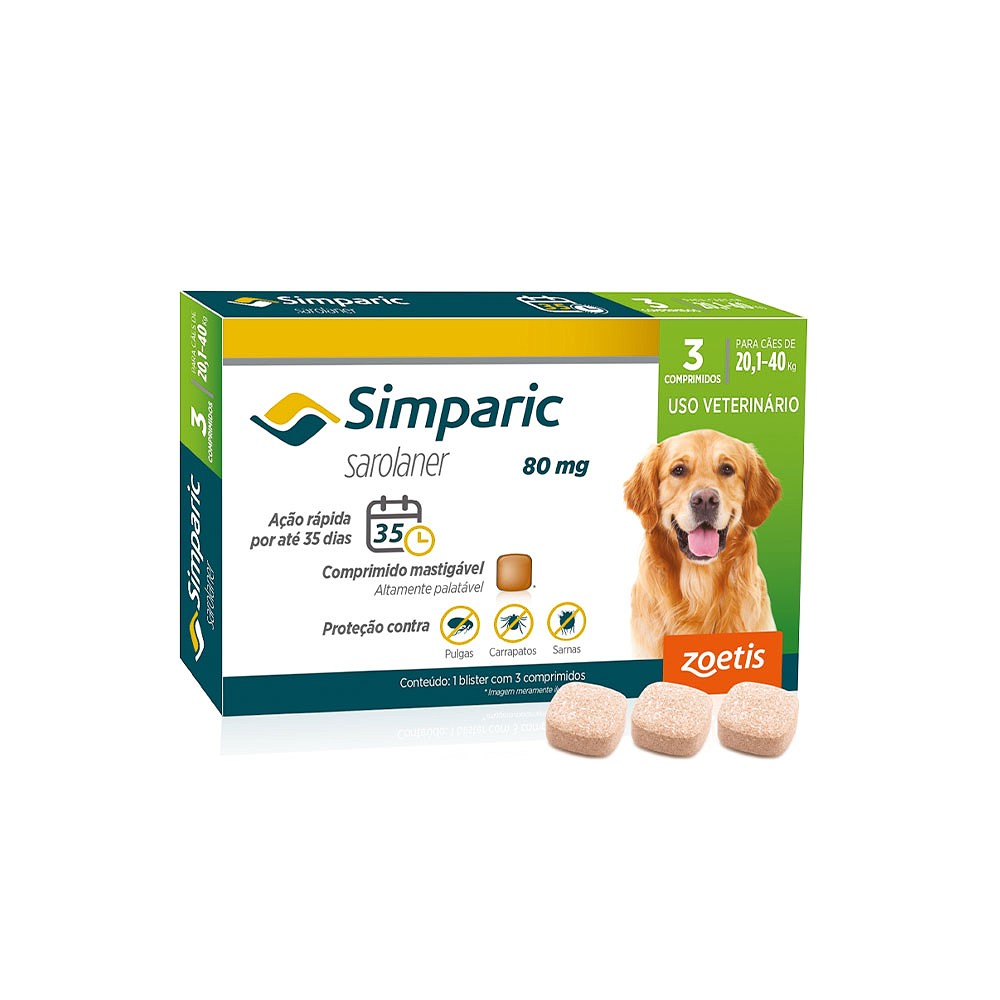 Antipulgas e Carrapatos Simparic 80 mg para Cães de 20,1kg - 40kg 