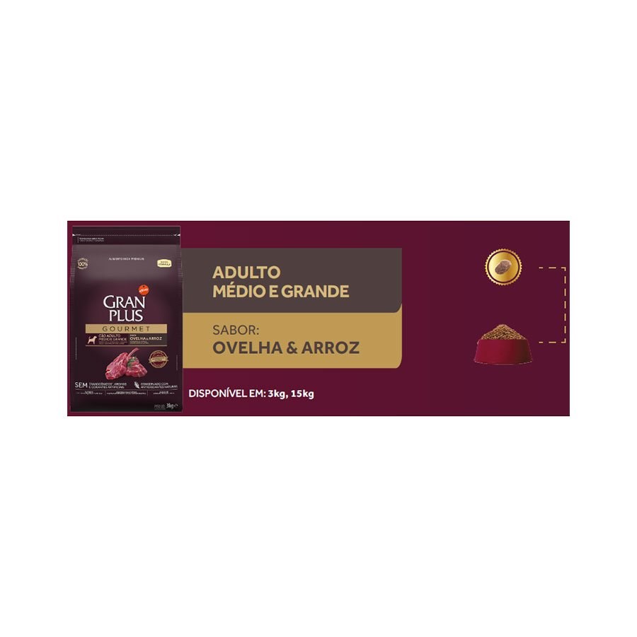 Ração Granplus Gourmet para Cães Adultos Porte Médio e Grande sabor Ovelha e Arroz