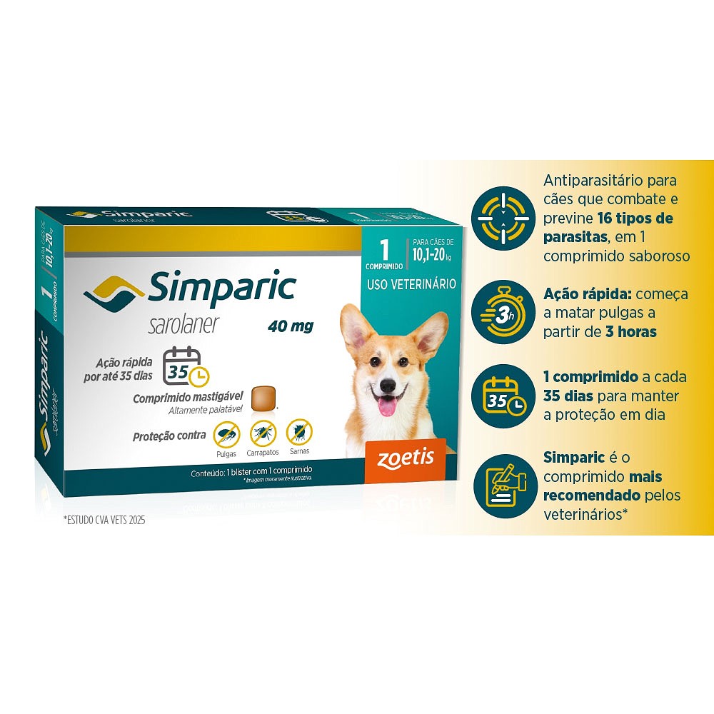 Antipulgas e Carrapatos Simparic 40 mg para Cães de 10,1kg - 20kg 