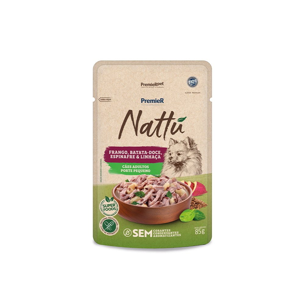 Ração Úmida Premier Nattu para Cães Adultos de Porte Pequeno Sabor Frango, Batata-Doce, Espinafre e Linhaça