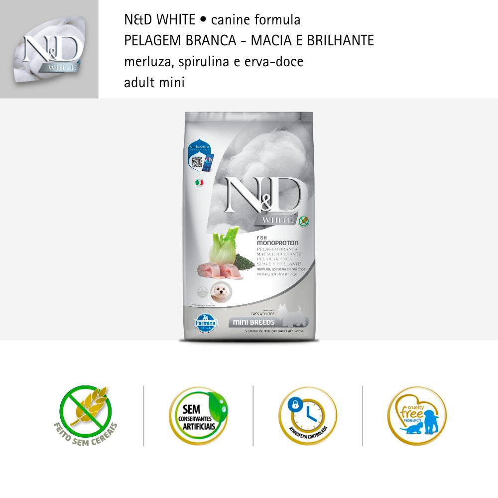 Ração Farmina N&D White para Cães Adultos de Porte Mini Sabor Merluza, Spirulina e Erva Doce