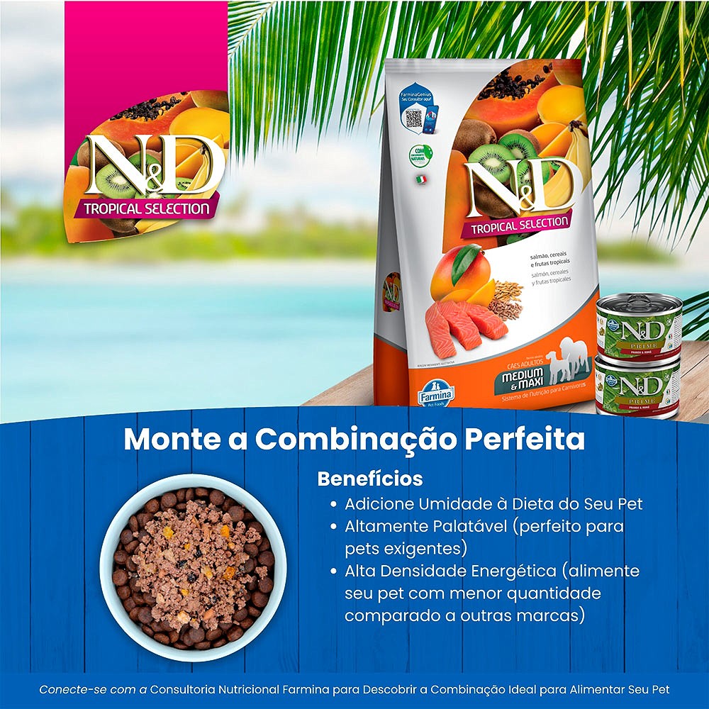 Ração Farmina N&D Tropical Selection para Cães Adultos de Porte Médio e Grande Sabor Salmão, Cereais e Frutas Tropicais