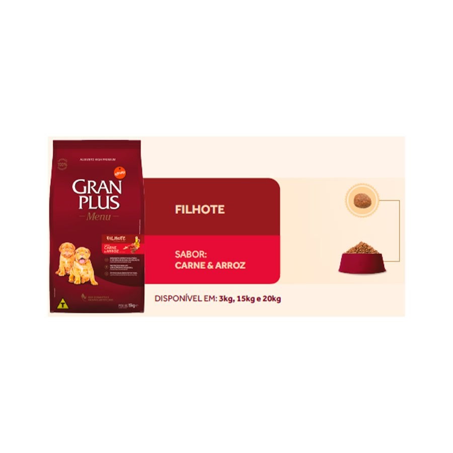 Ração GranPlus Menu para Cães Filhotes de Raças Médias e Grandes Sabor Carne e Arroz