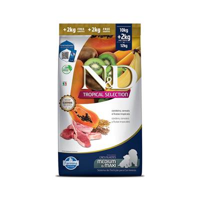 Ração Farmina N&D Tropical Selection para Cães Filhotes de Porte Médio e Grande Sabor Cordeiro, Cereais e Frutas Tropicais 10kg + 2kg