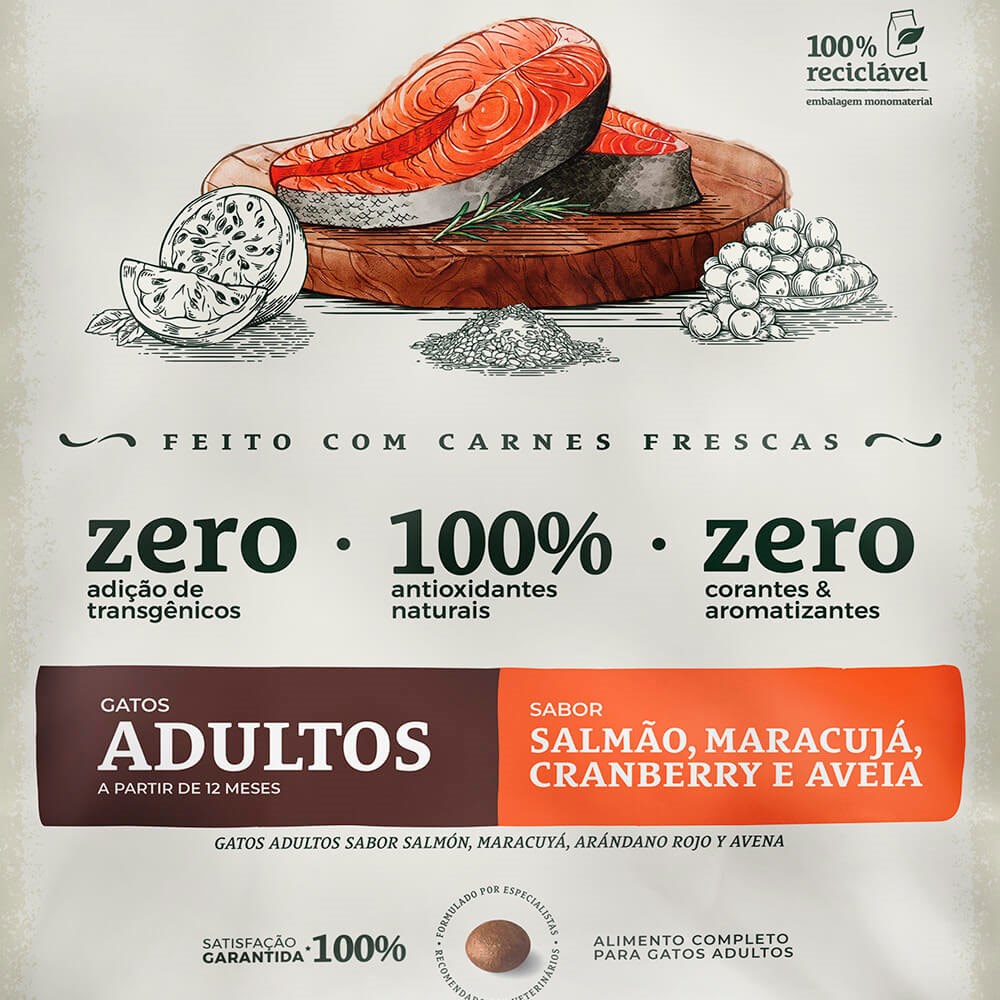 Ração Bionatural Prime para Gatos Adultos Sabor Salmão, Maracujá, Cranberry e Aveia