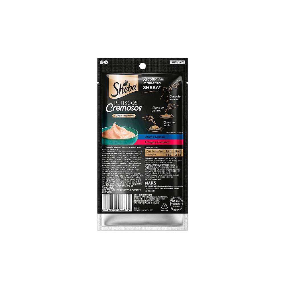Snack Sheba Cremoso sabor Atum com Salmão e Frango com Camarão