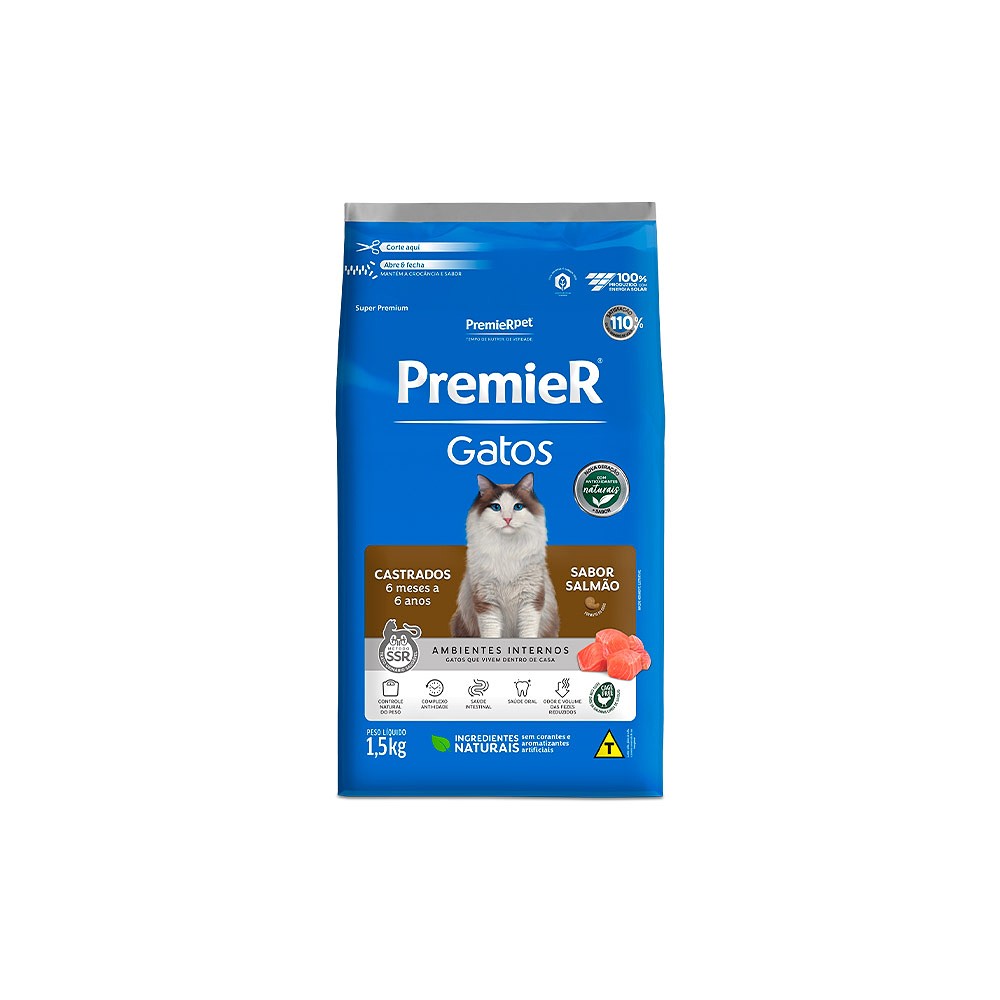 Ração Premier para Gatos Castrados de 6 meses a 6 anos Sabor Salmão