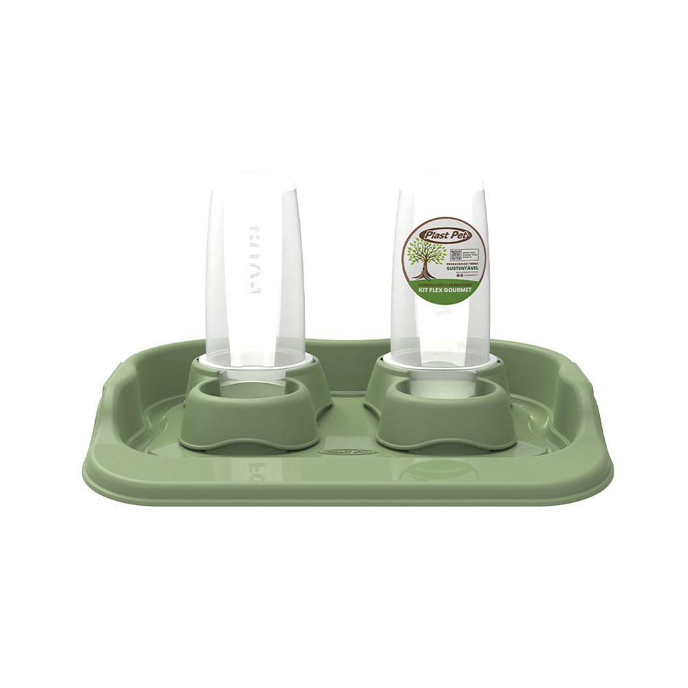 Comedouro Plast Pet Kit Flex Gourmet Eco Verde Oliva para Cães e Gatos