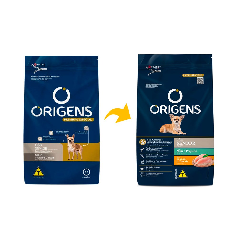 Ração Origens para Cães Sênior de Pequeno Porte sabor Frango e Cereais Integrais