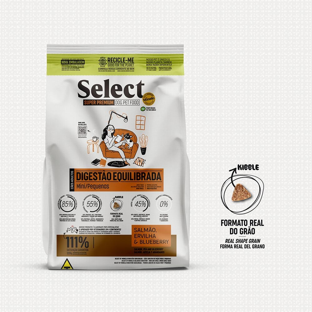 Ração Monello Select Digestão Equilibrada para Cães Adultos de Porte Mini e Pequeno sabor Salmão, Ervilha e Blueberry