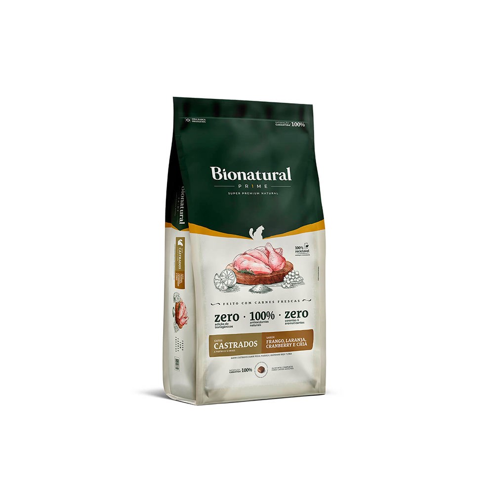 Ração Bionatural Prime para Gatos Castrados Sabor Frango, Laranja, Cranberry e Chia