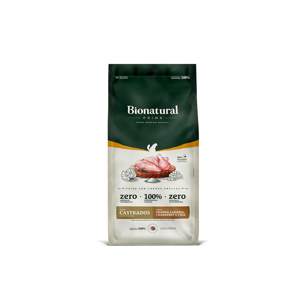 Ração Bionatural Prime para Gatos Castrados Sabor Frango, Laranja, Cranberry e Chia
