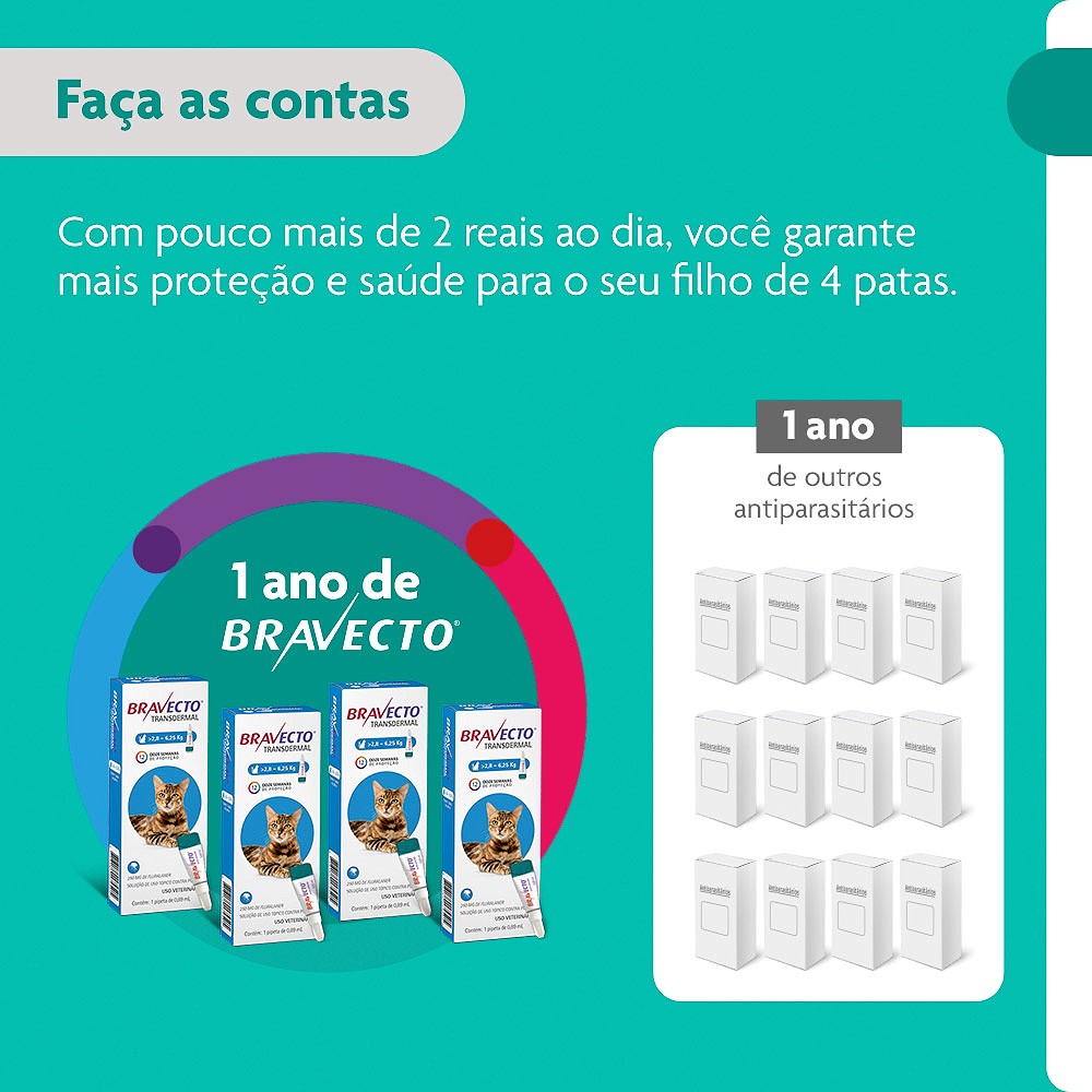 Antipulgas e Carrapatos Bravecto Transdermal para Gatos de 2,8kg a 6,25kg - 250mg