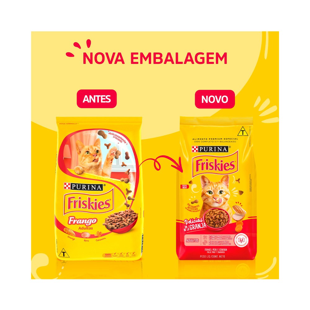 Ração Friskies Delícias da Granja para Gatos Adultos Sabor Frango, Peru e Cenoura